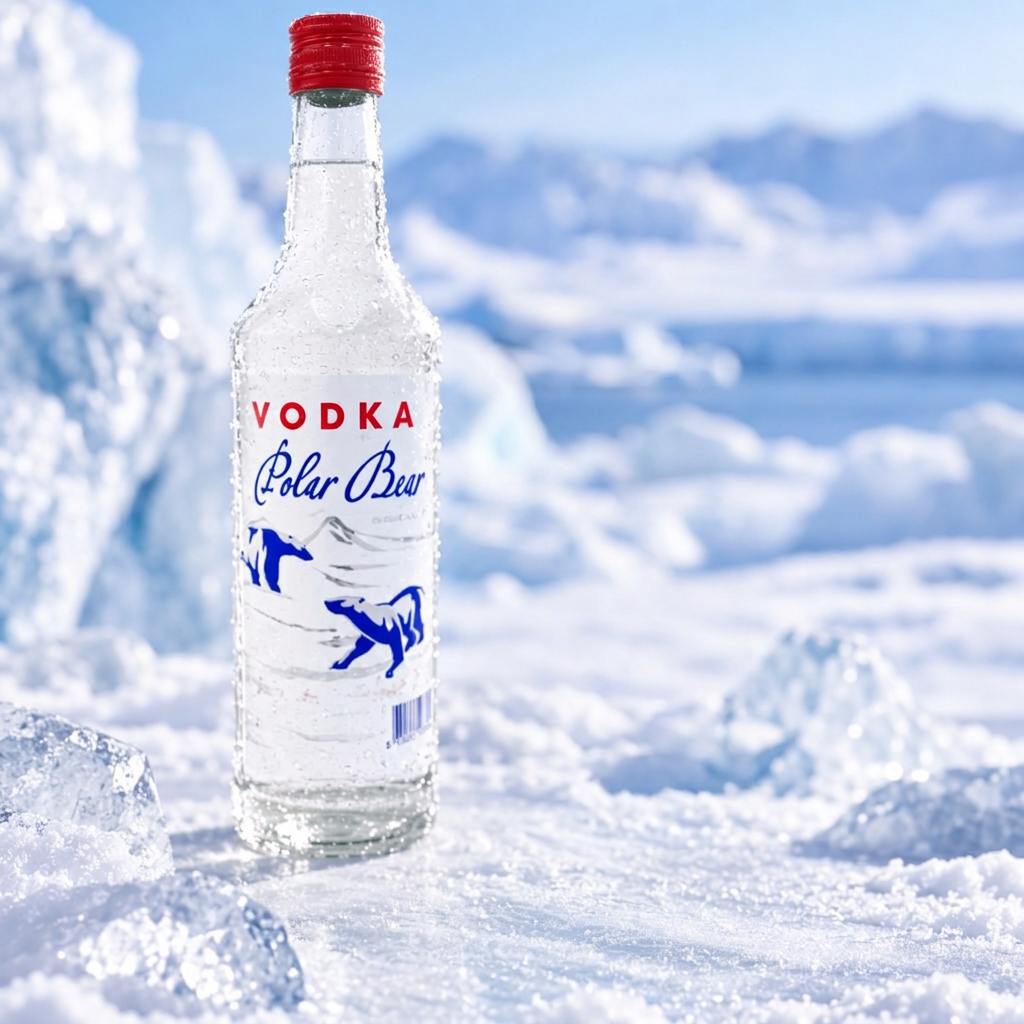 Vodka Polar Bear-fles met rode dop in een besneeuwd berglandschap