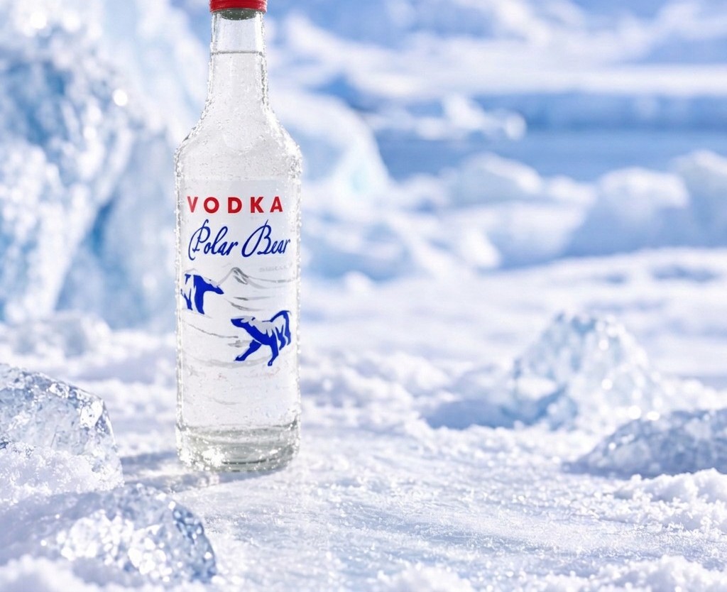 Vodka Polar Bear-fles met rode dop in een besneeuwd berglandschap